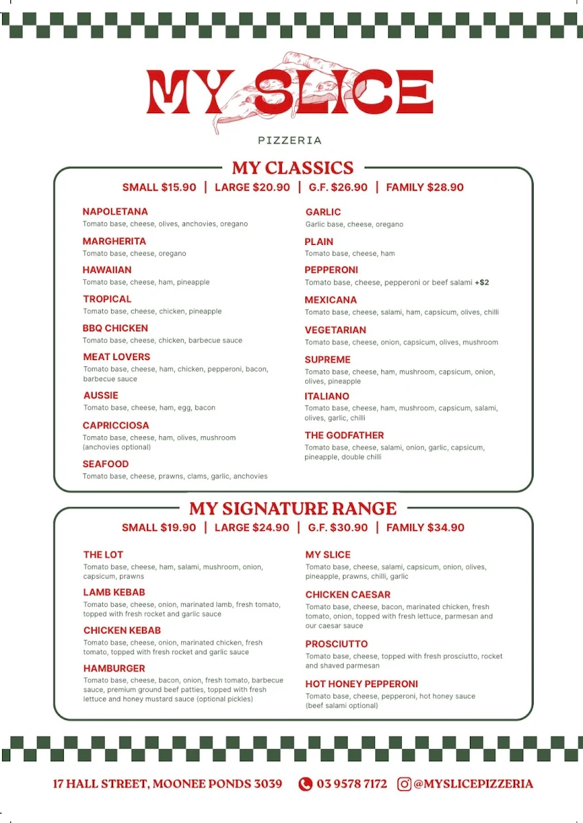 Menu, My Slice Pizzeria