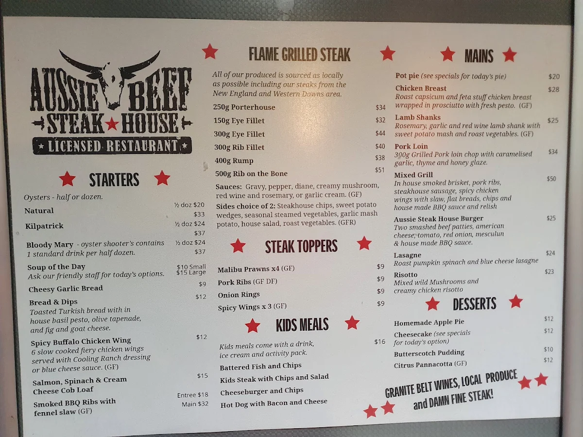 Menu, Aussie Beef Steakhouse