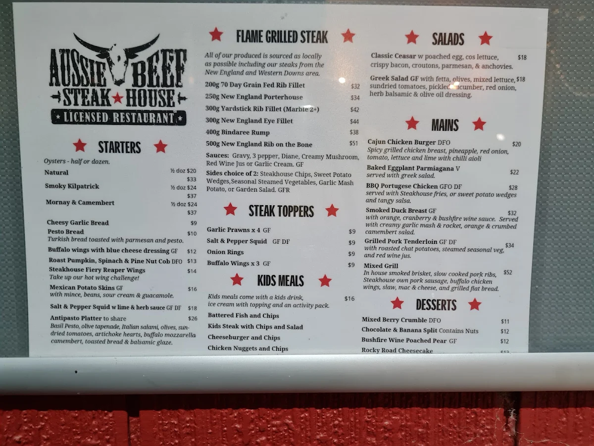 Menu, Aussie Beef Steakhouse