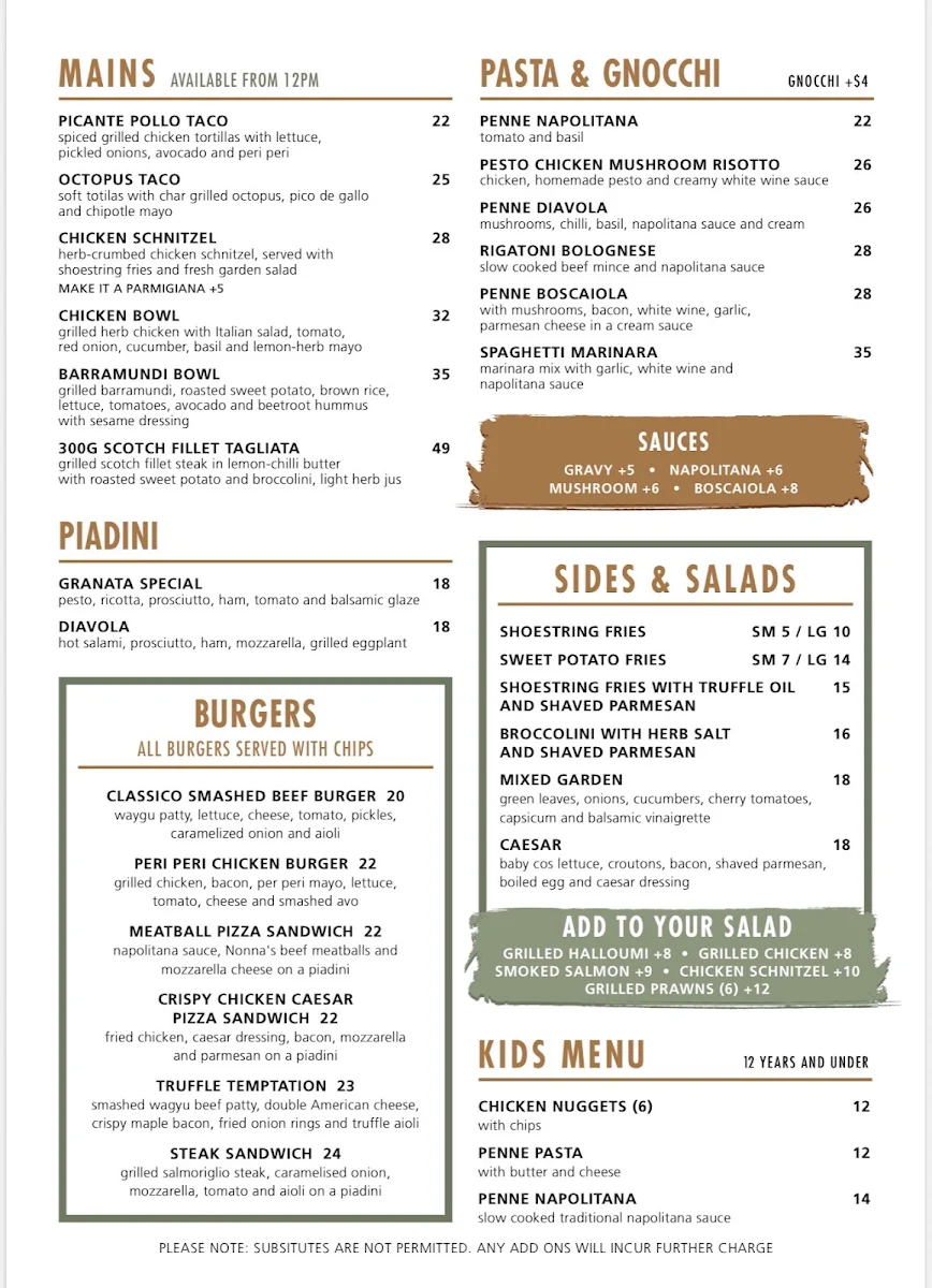Menu, GRANATA'S Pemulwuy