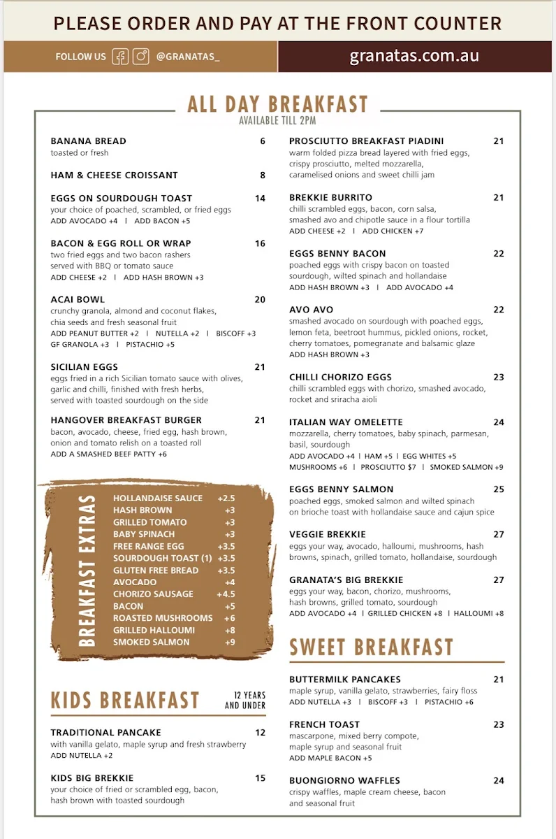 Menu, GRANATA'S Pemulwuy