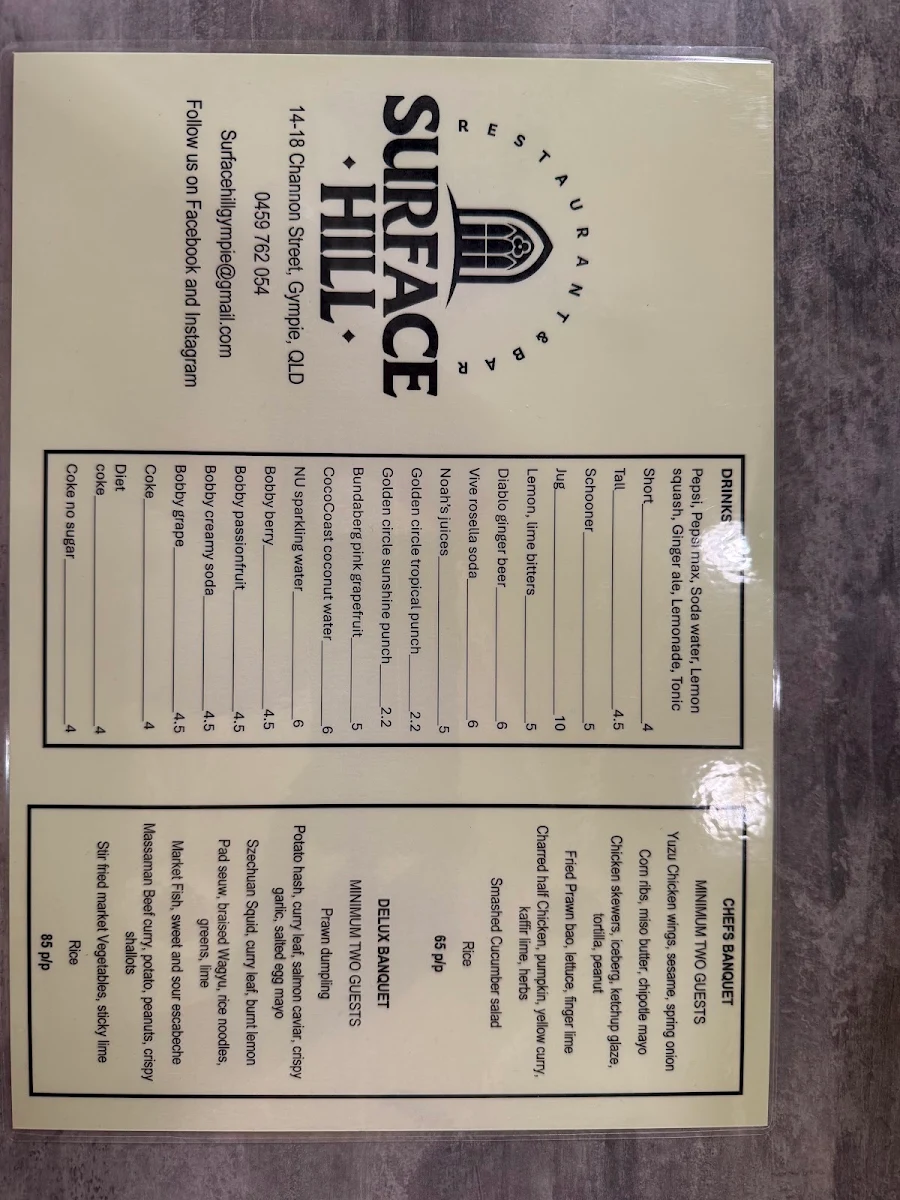 Menu, Surface Hill Restaurant and Bar