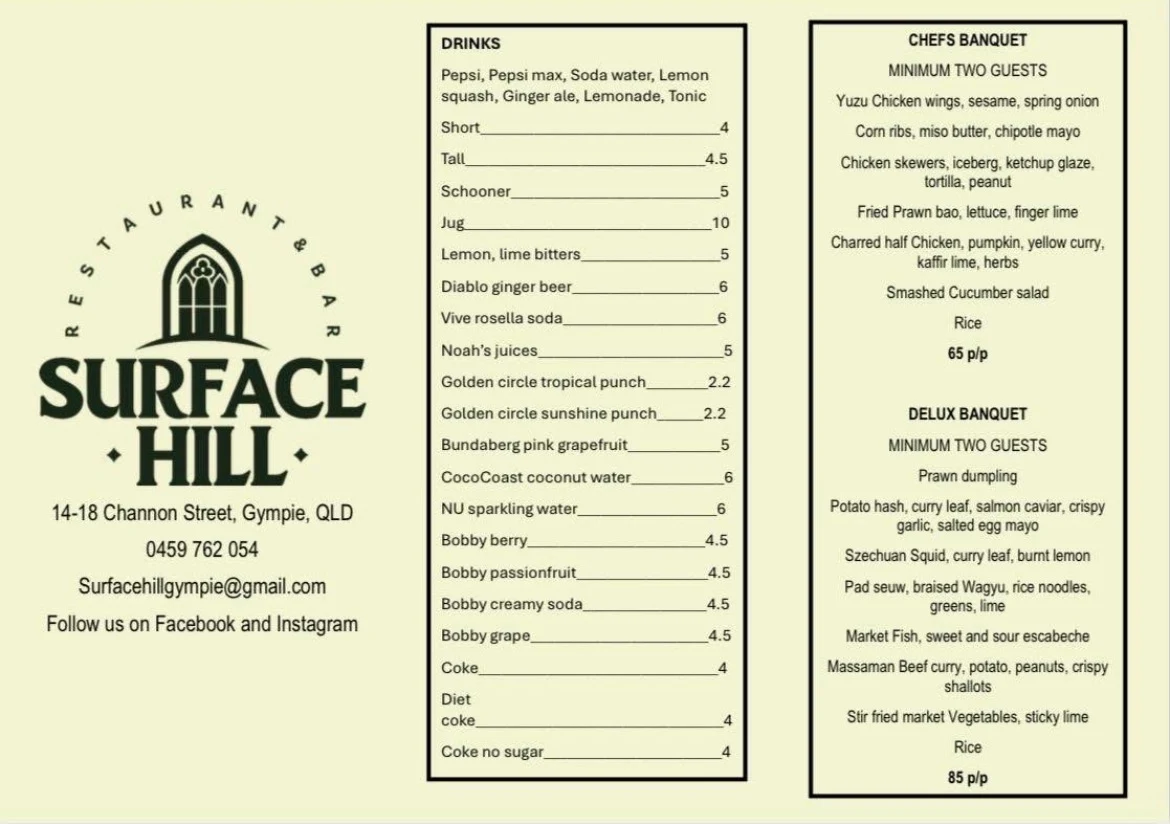 Menu, Surface Hill Restaurant and Bar