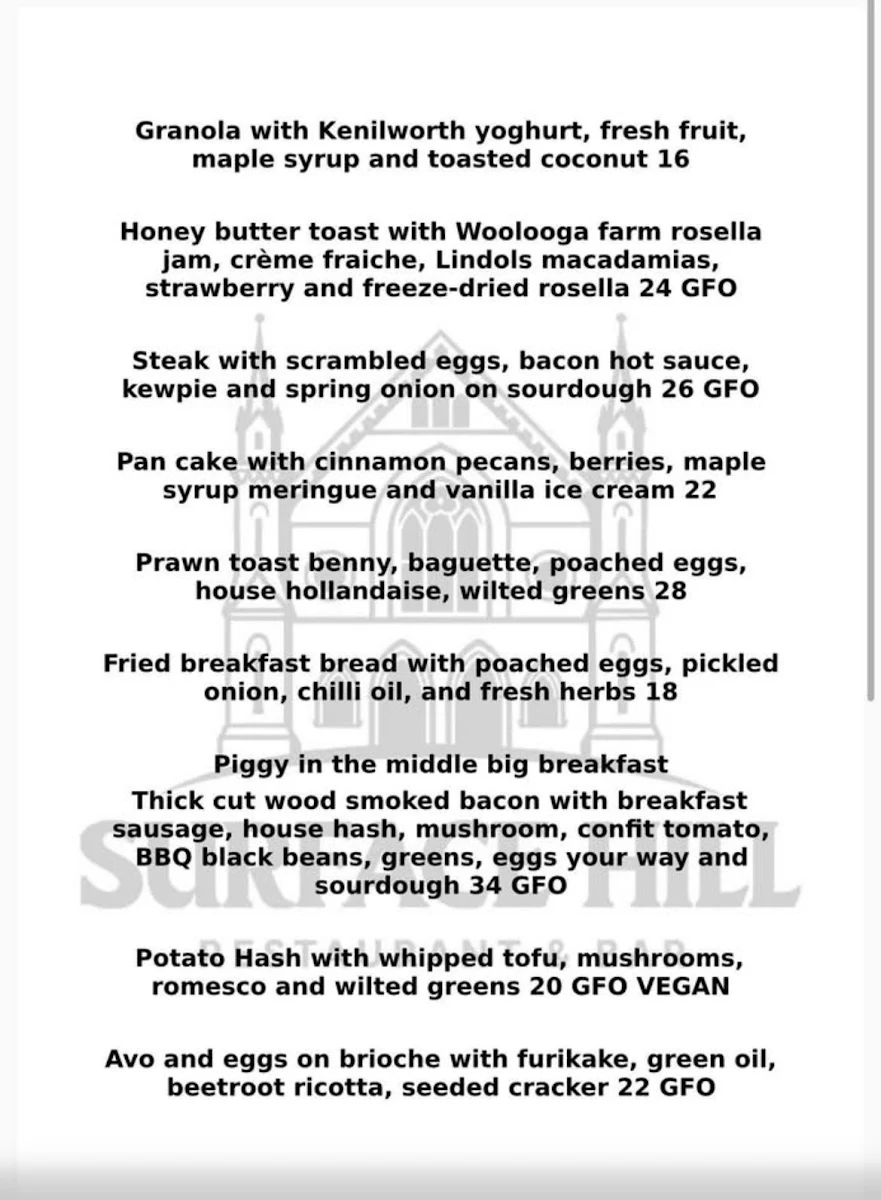 Menu, Surface Hill Restaurant and Bar