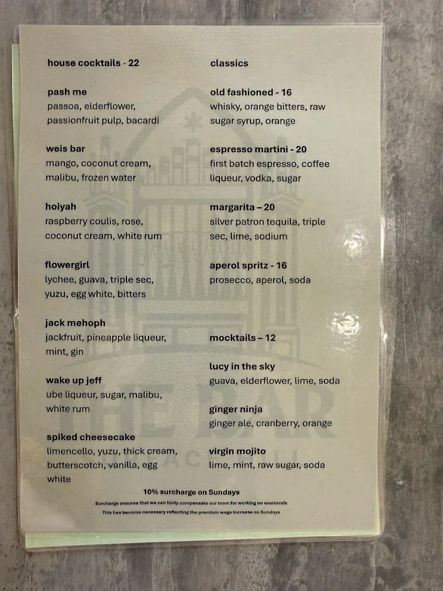 Menu, Surface Hill Restaurant and Bar