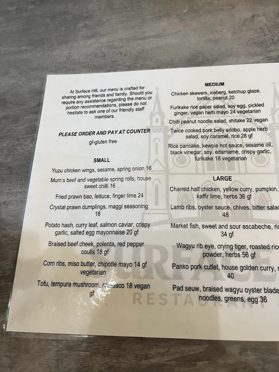 Menu, Surface Hill Restaurant and Bar