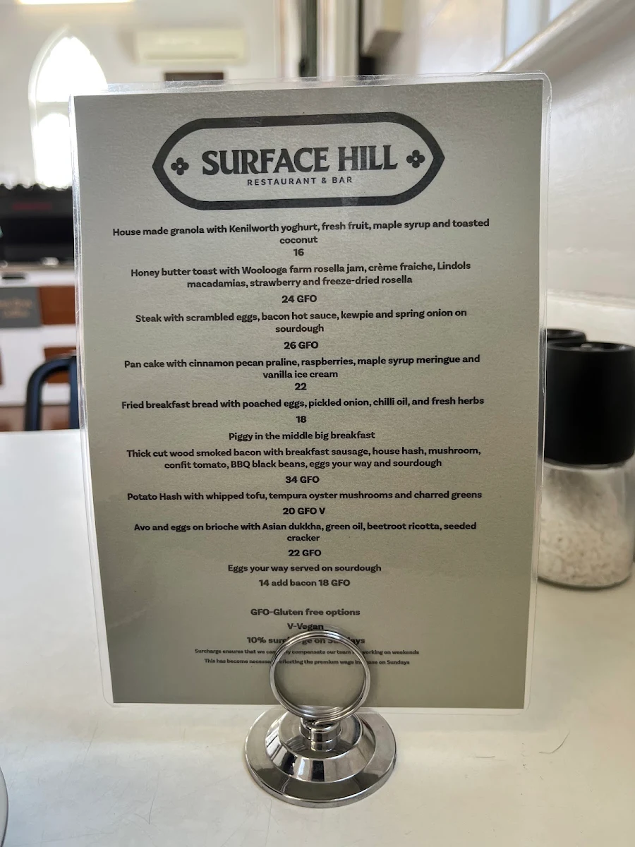 Menu, Surface Hill Restaurant and Bar