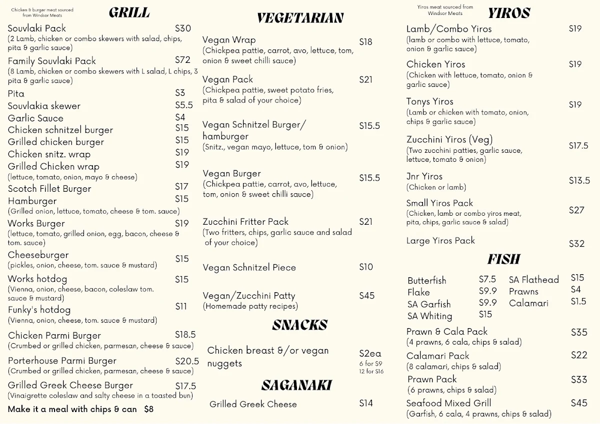 Menu, Funky’s on Duthy