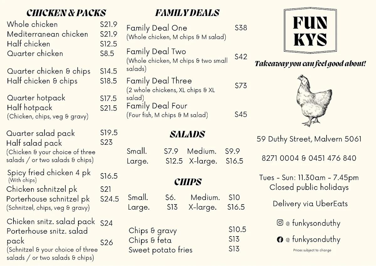 Menu, Funky’s on Duthy