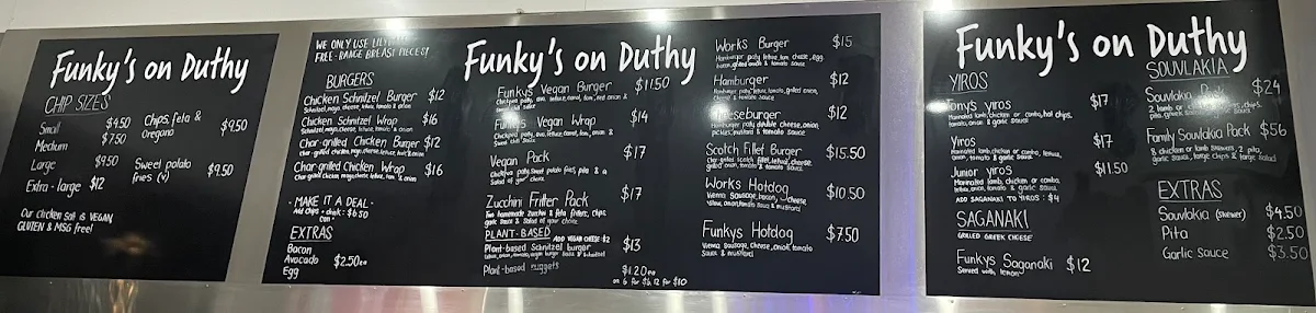 Menu, Funky’s on Duthy