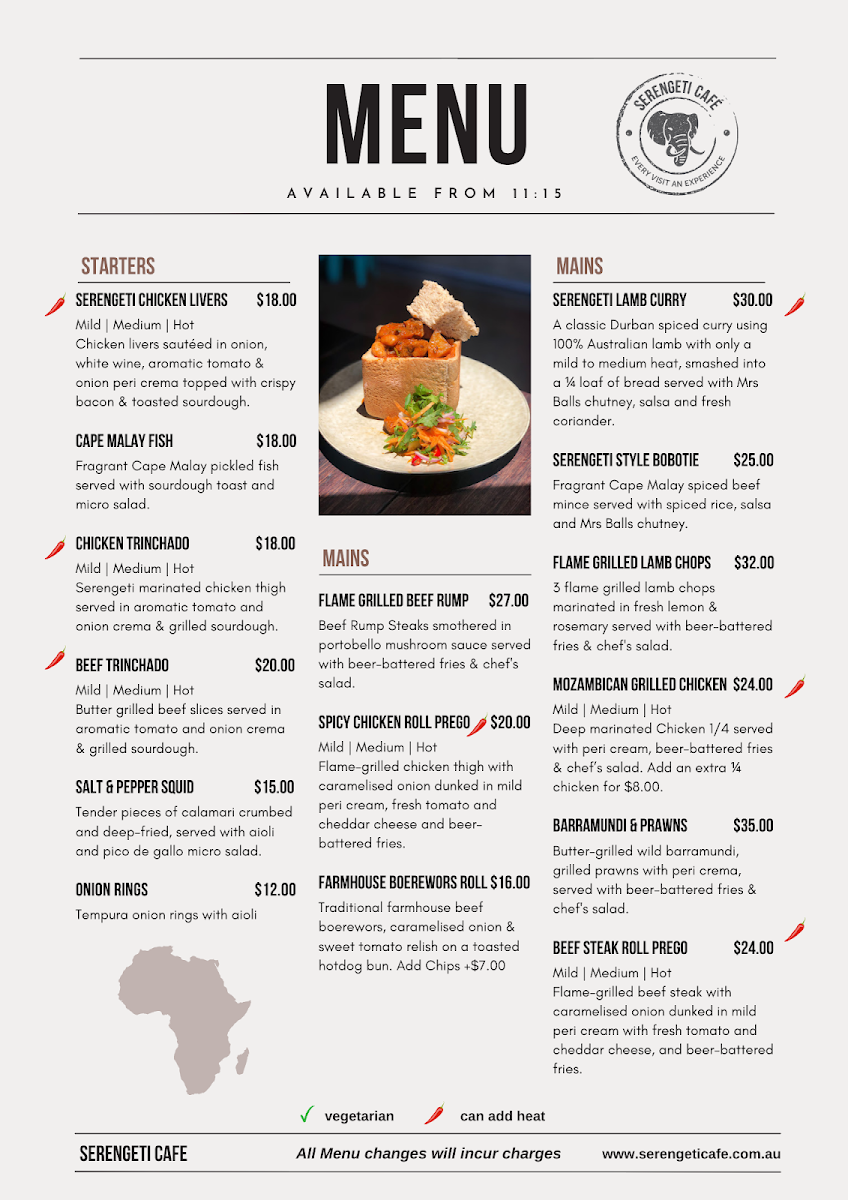 Menu, Serengeti Cafe