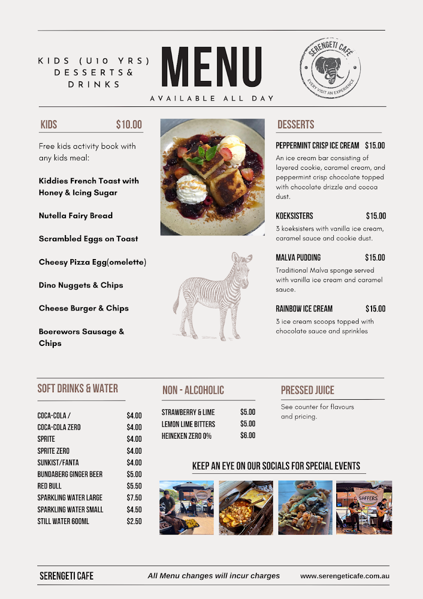 Menu, Serengeti Cafe