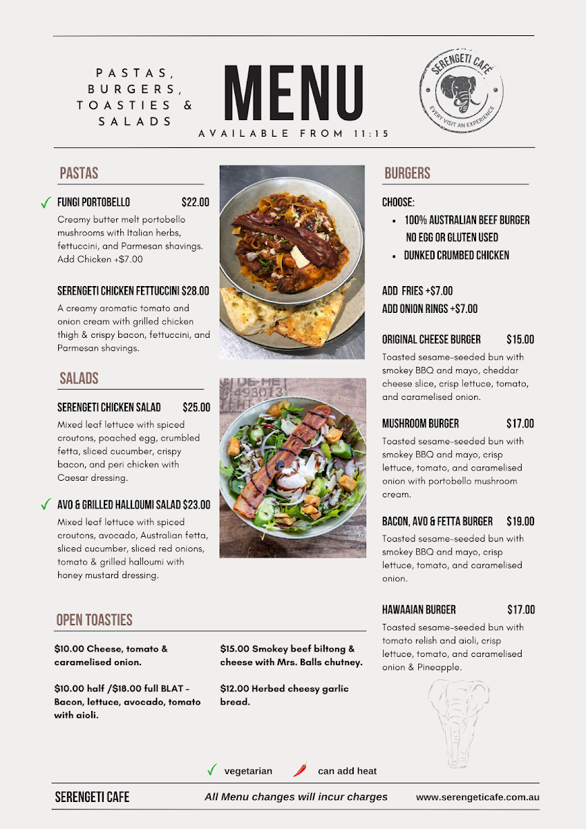 Menu, Serengeti Cafe