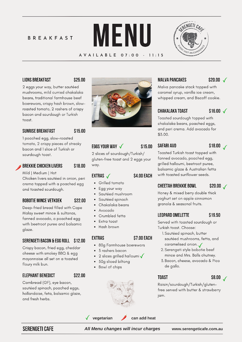 Menu, Serengeti Cafe