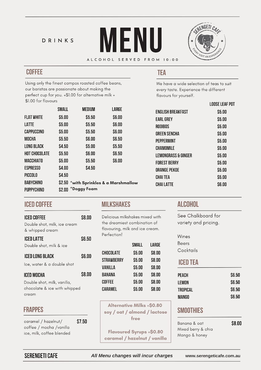 Menu, Serengeti Cafe