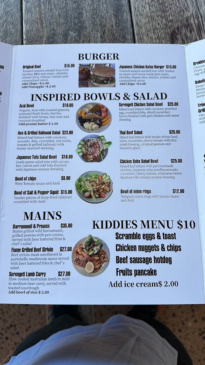 Menu, Serengeti Cafe