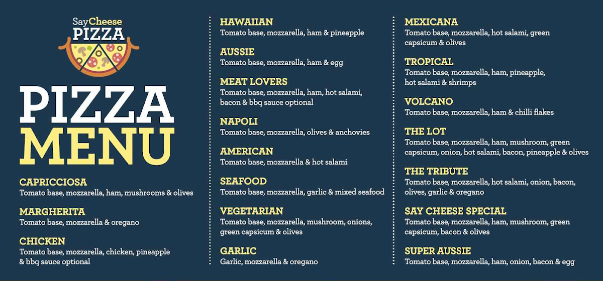 Menu, Say Cheese Pizza Strathfieldsaye