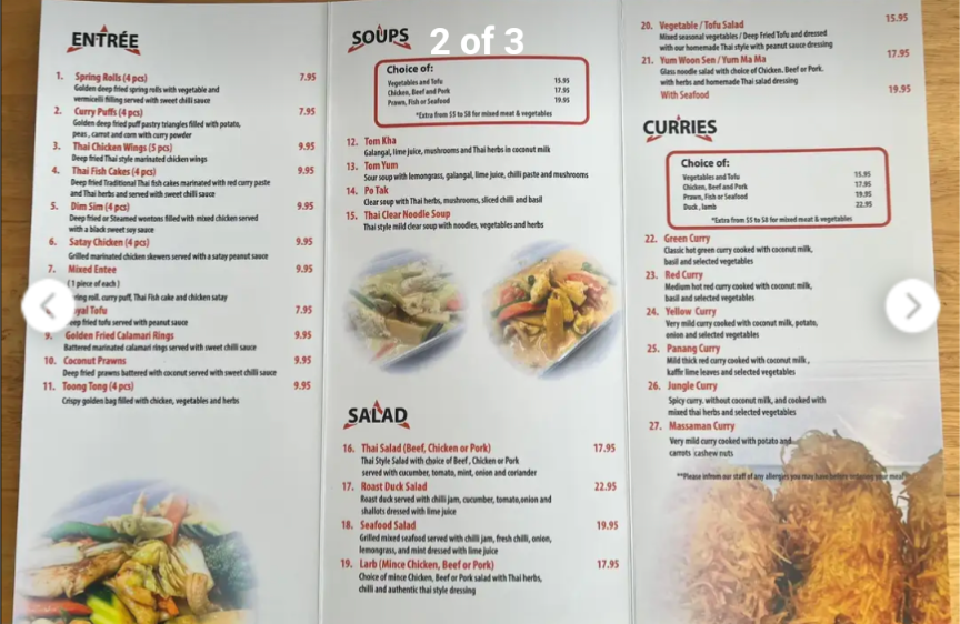 Menu, Thai Spicy Dish
