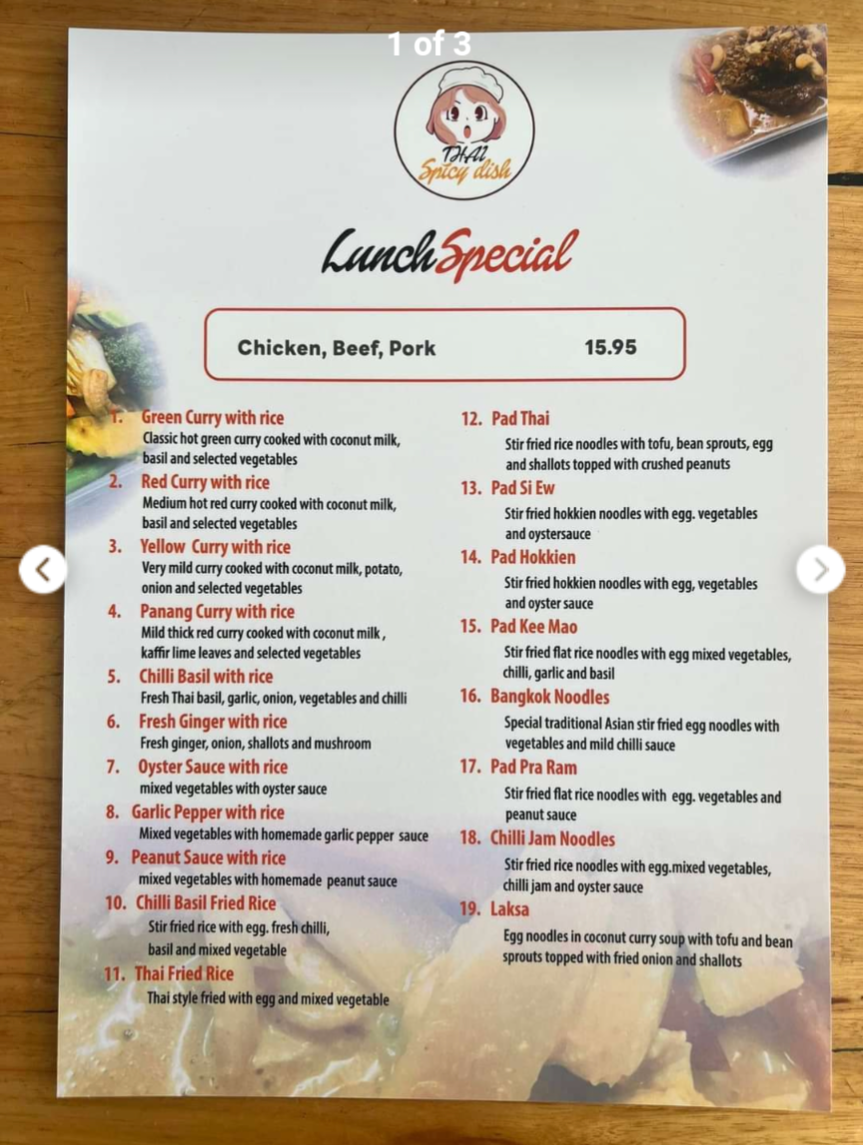Menu, Thai Spicy Dish