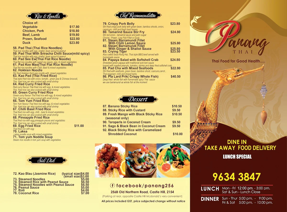 Menu, Pa-Nang Thai Restaurant