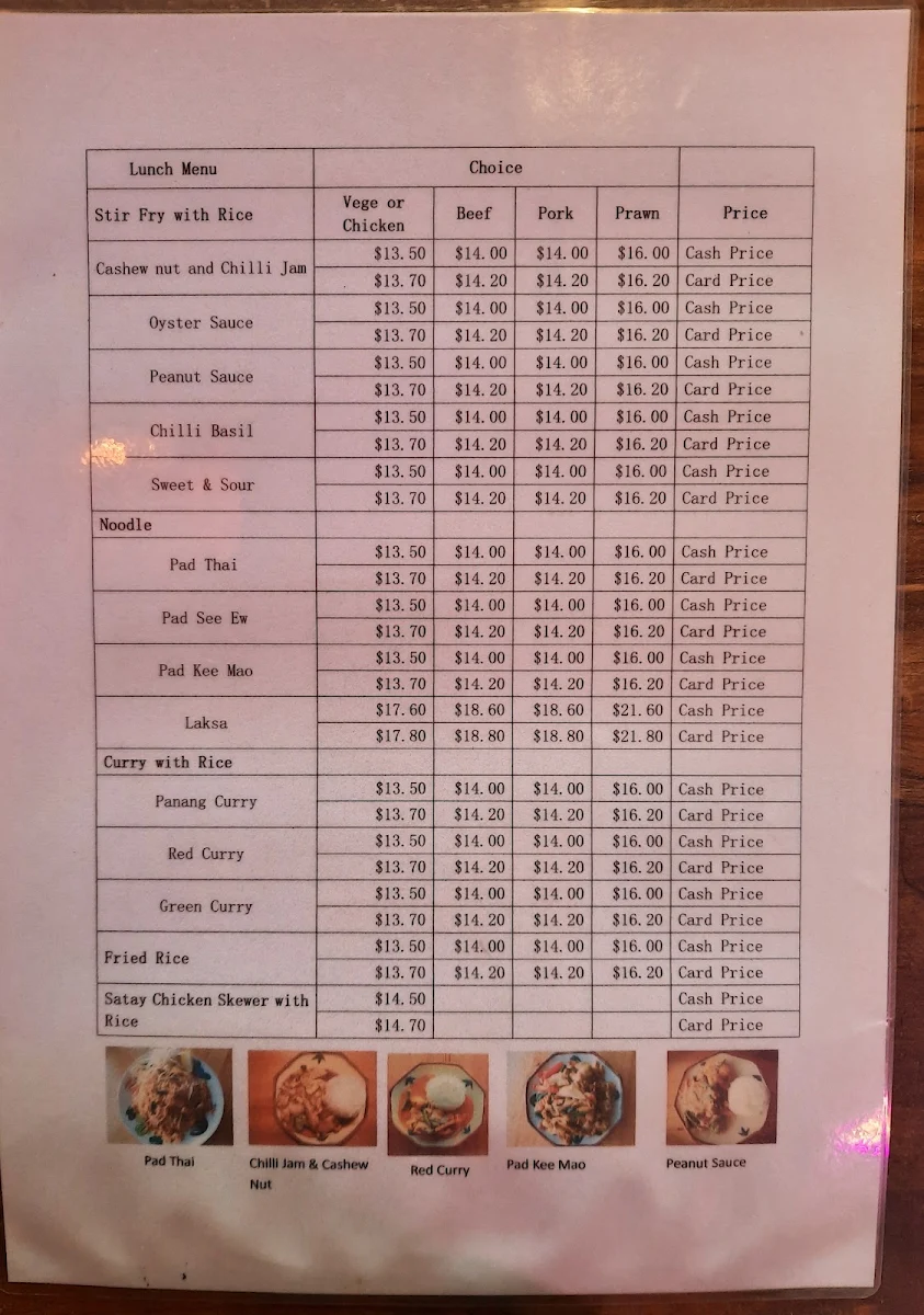 Menu, Pa-Nang Thai Restaurant