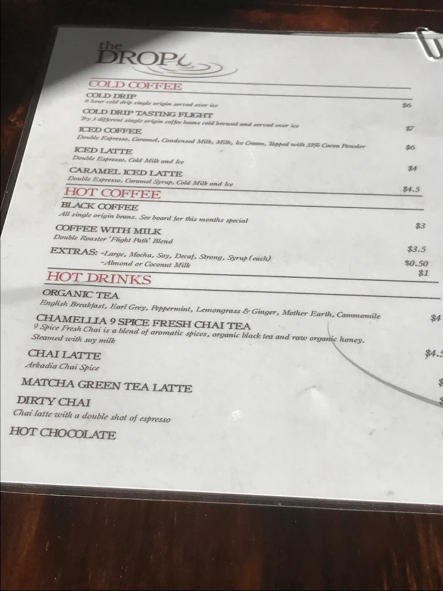 Menu, The Drop Espresso & Juice Bar