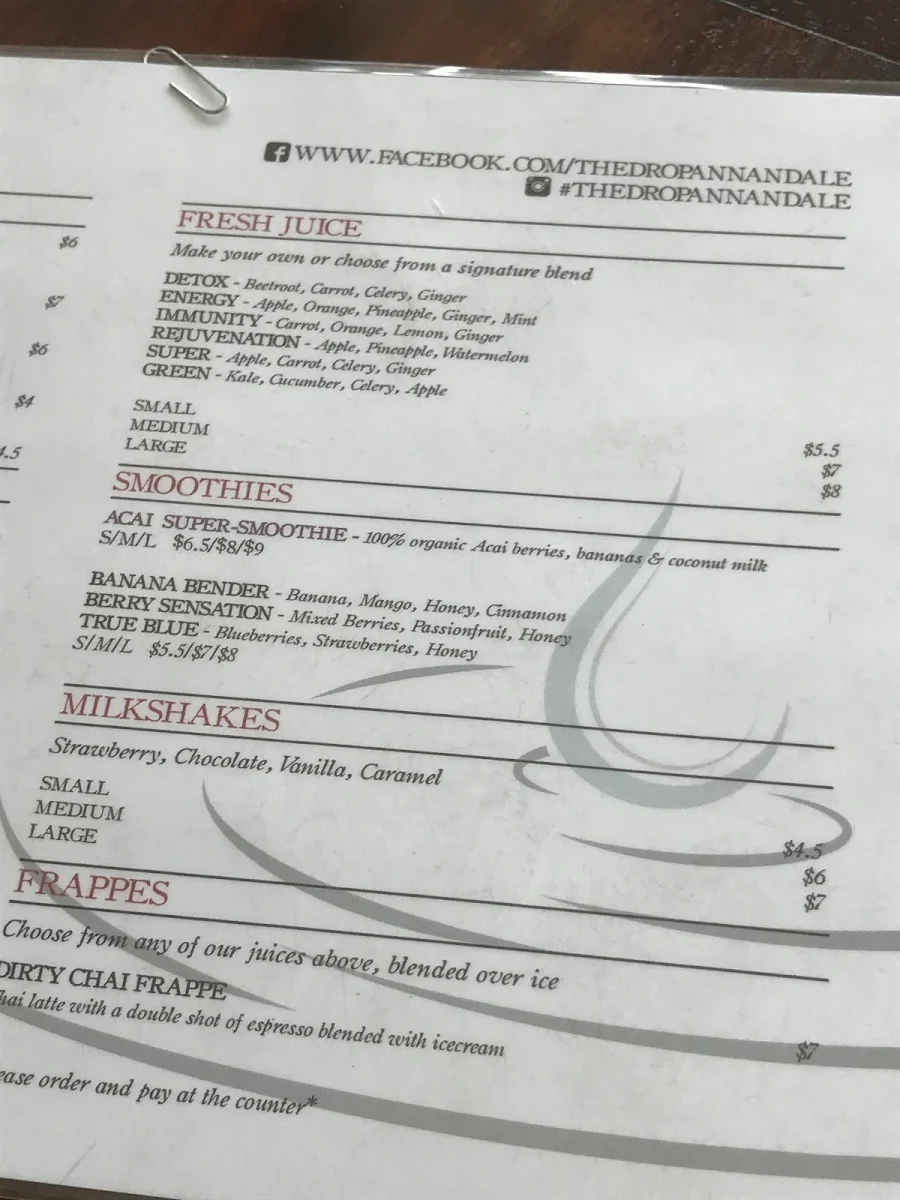 Menu, The Drop Espresso & Juice Bar