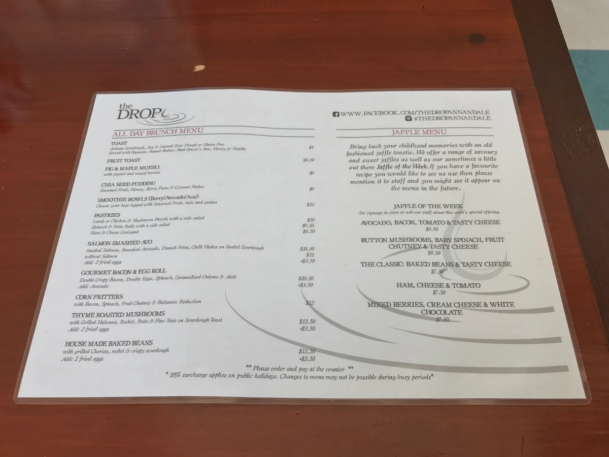 Menu, The Drop Espresso & Juice Bar