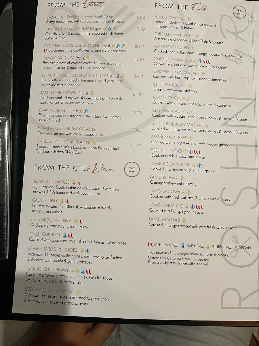 Menu, Roshni by Raj