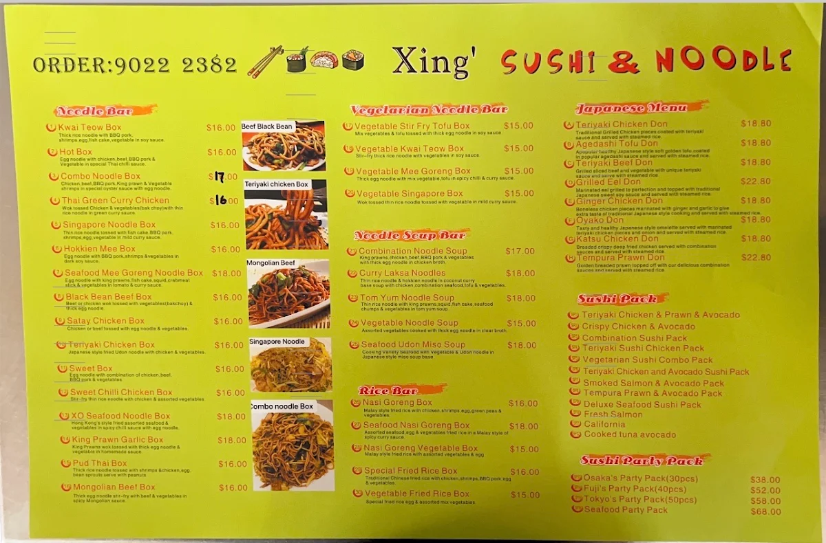 Menu, Xing's Kitchen
