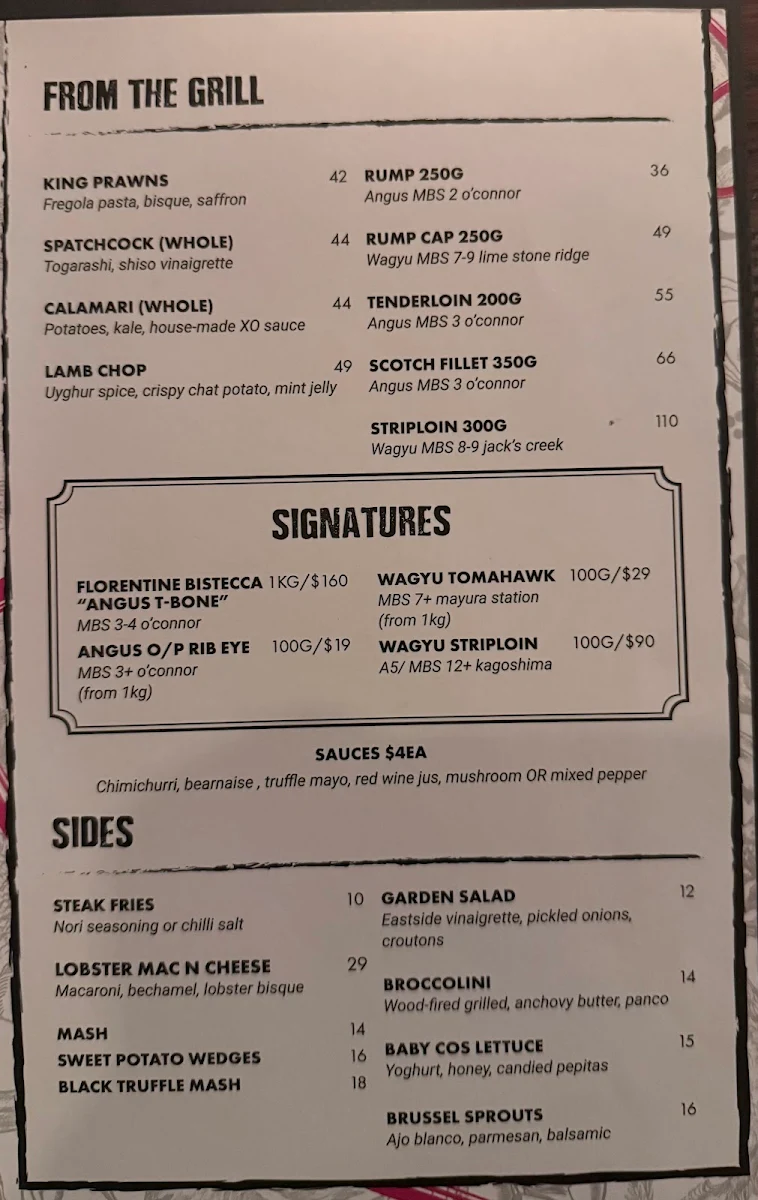 Menu, Eastside Bar & Grill