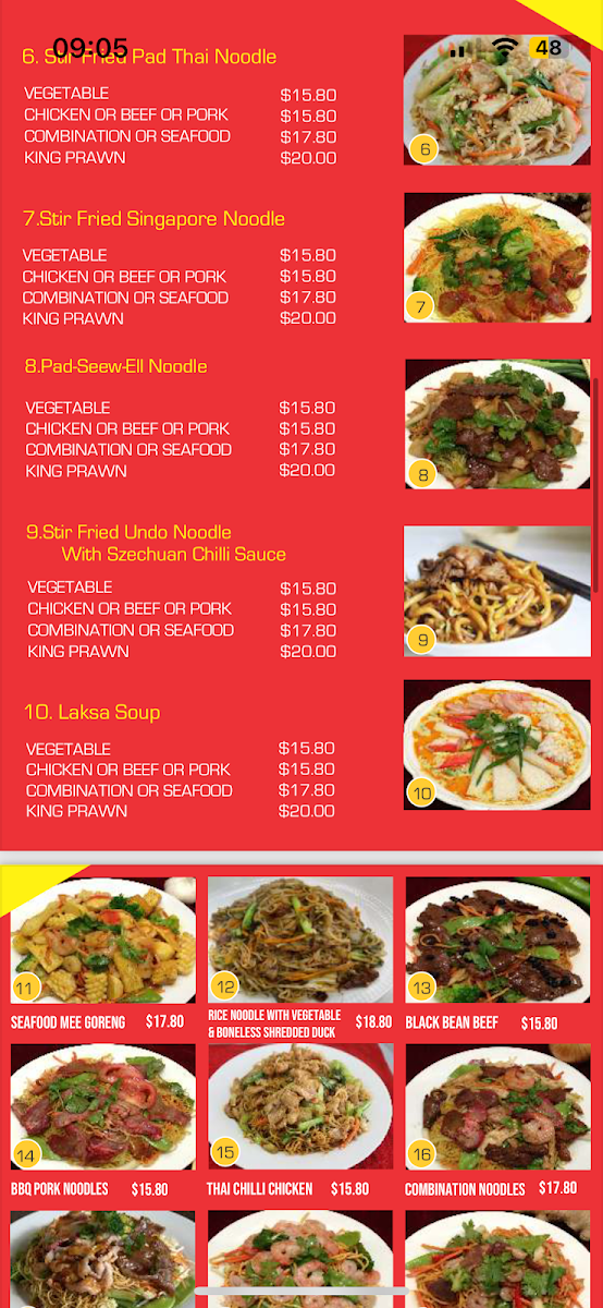 Menu, Noodle Paradise