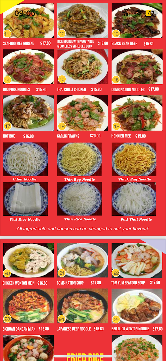 Menu, Noodle Paradise