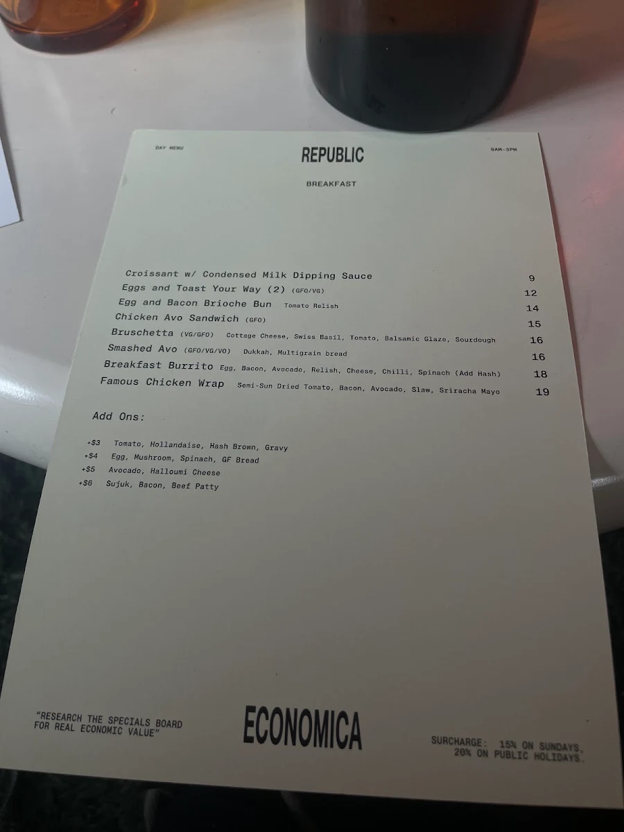 Menu, Republic Economica