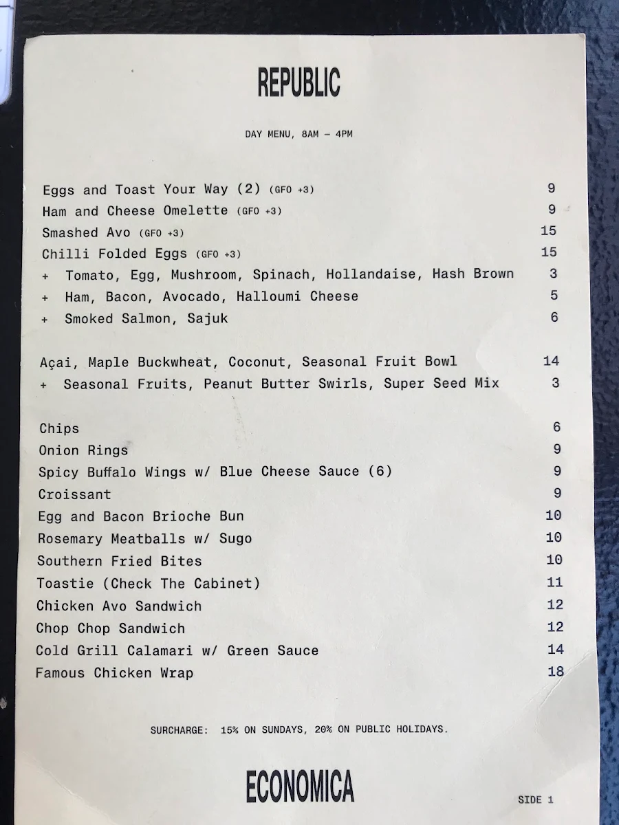 Menu, Republic Economica
