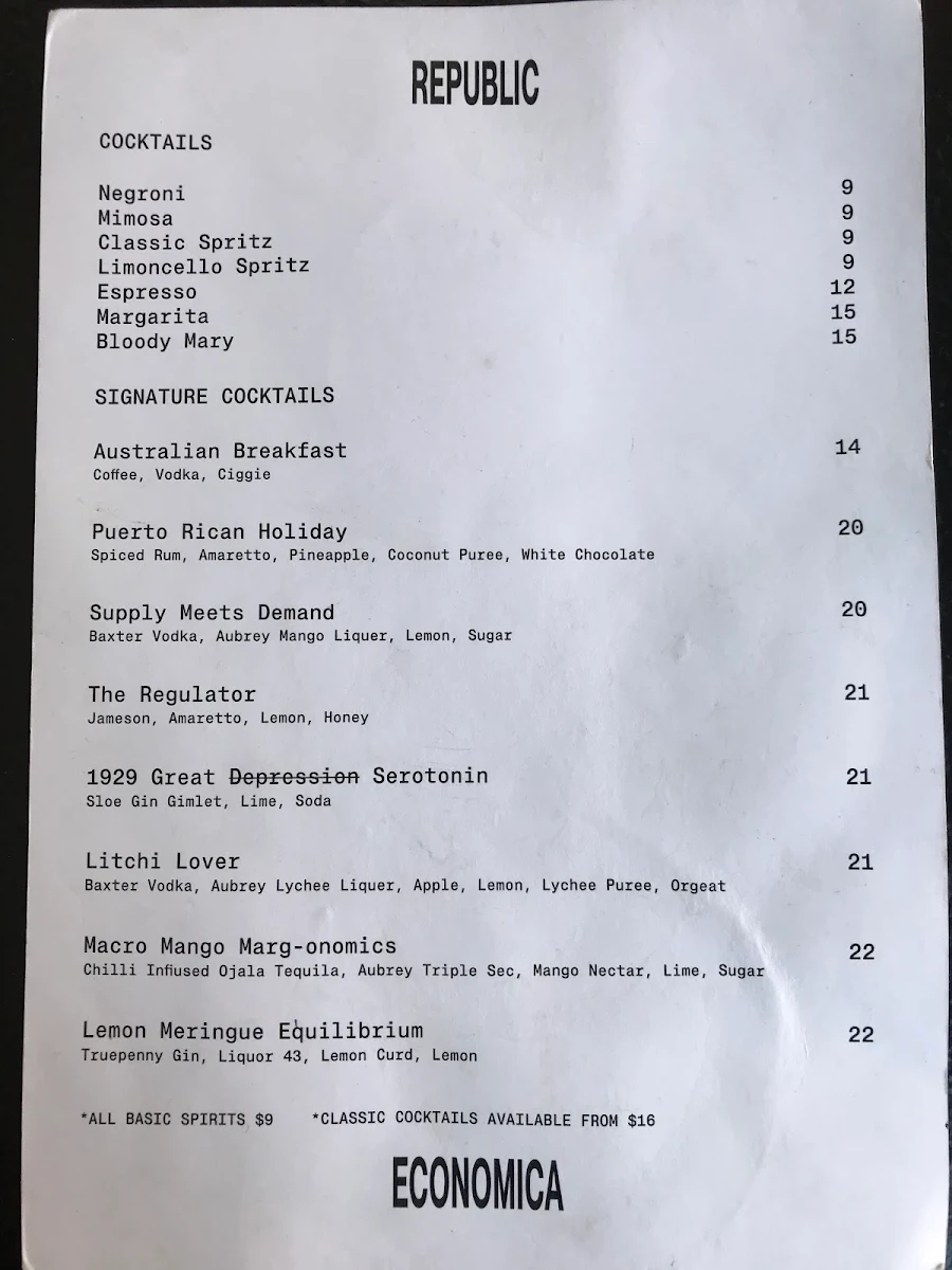 Menu, Republic Economica