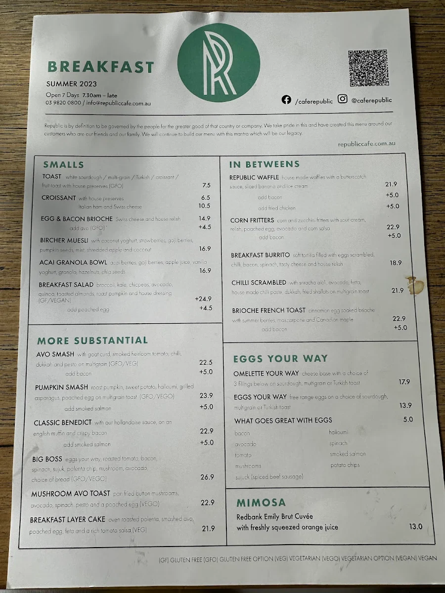 Menu, Republic Economica