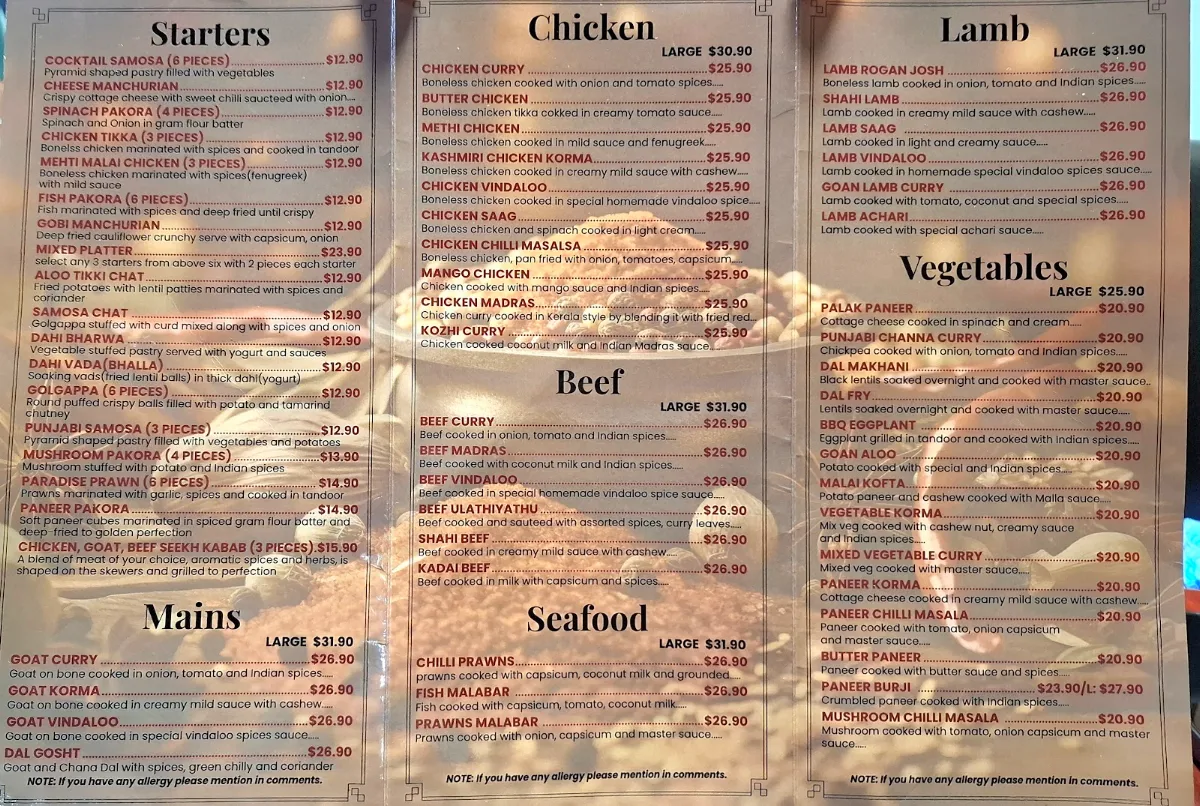 Menu, Indian Curry Paradise