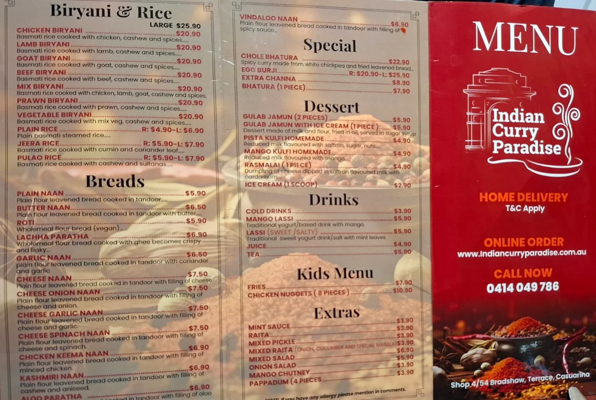 Menu, Indian Curry Paradise