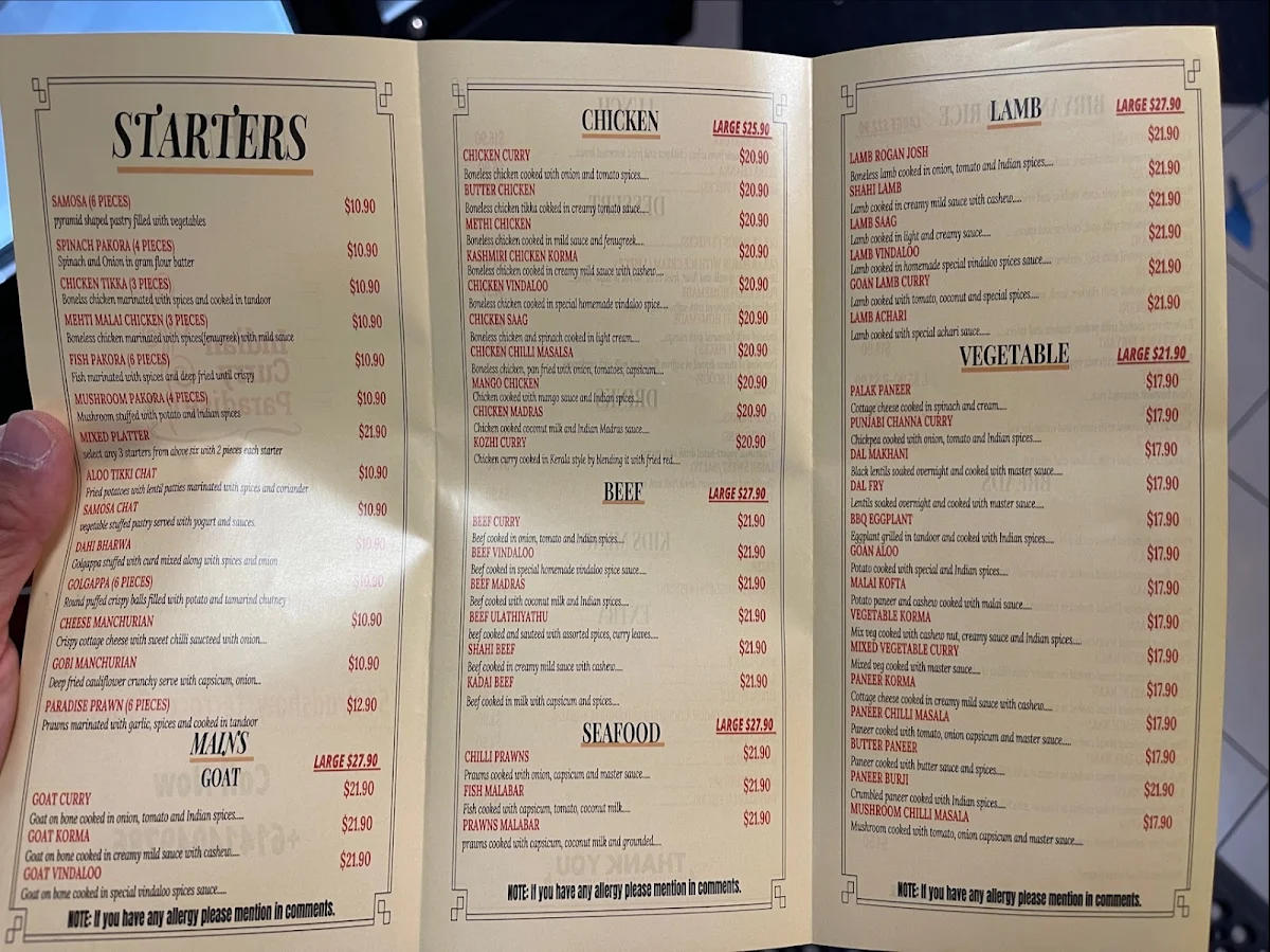 Menu, Indian Curry Paradise