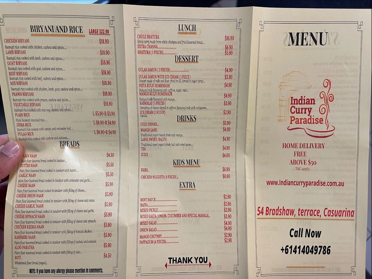 Menu, Indian Curry Paradise