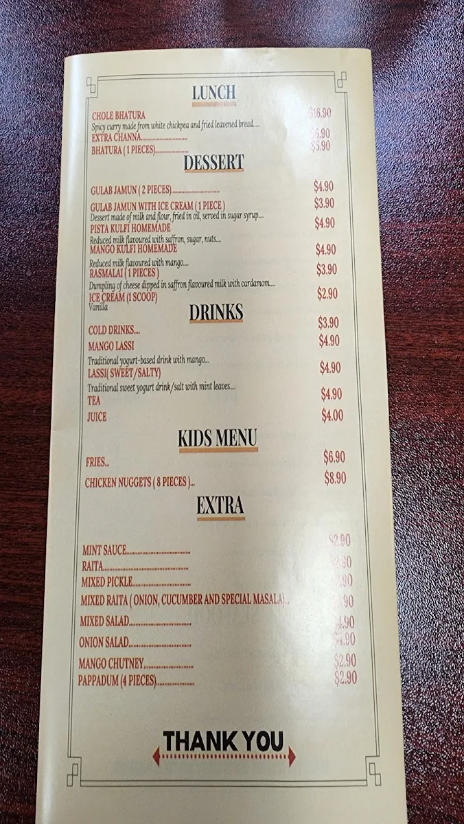 Menu, Indian Curry Paradise