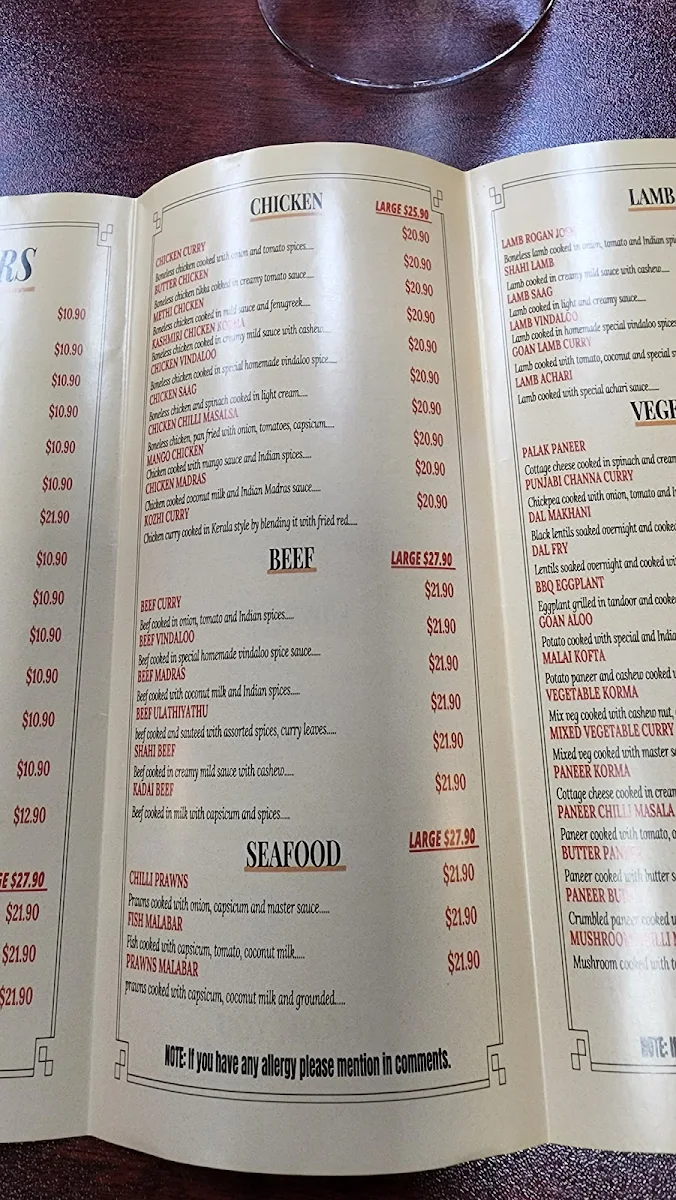 Menu, Indian Curry Paradise