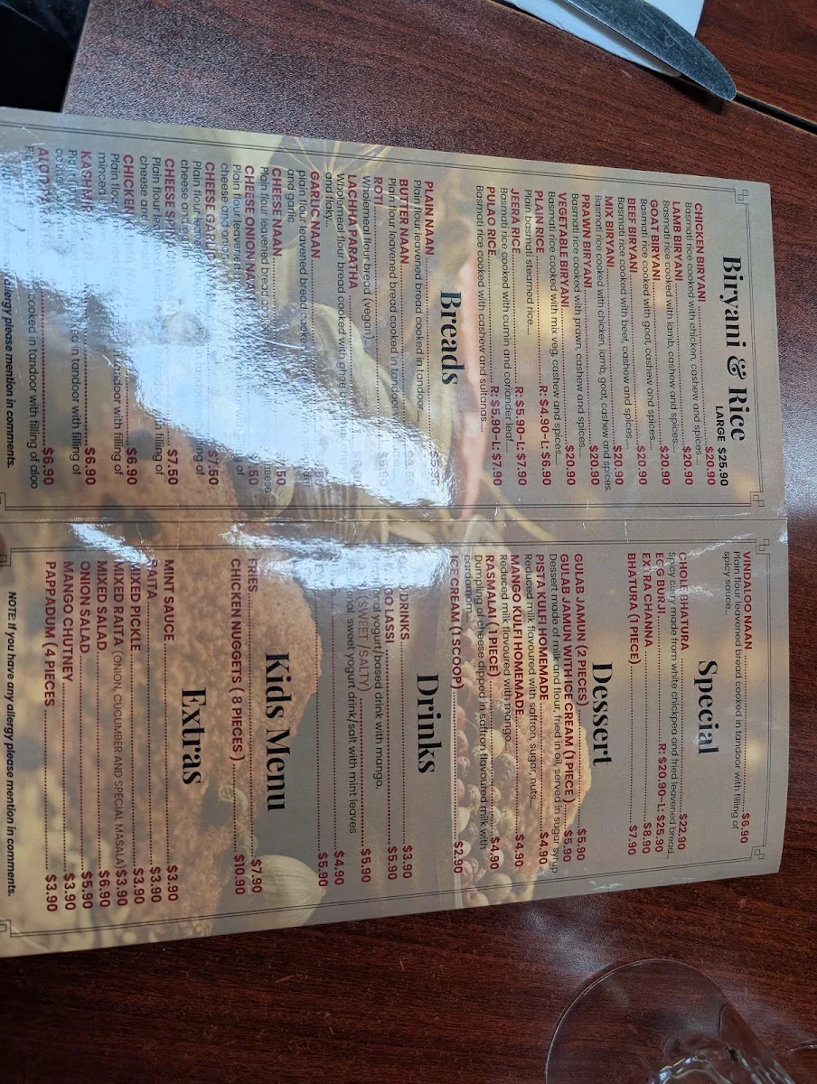 Menu, Indian Curry Paradise