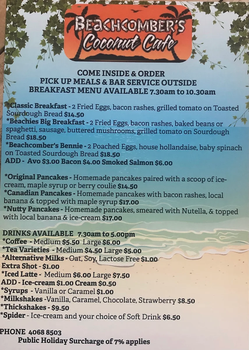 Menu, Beachy's Coconut Cafe