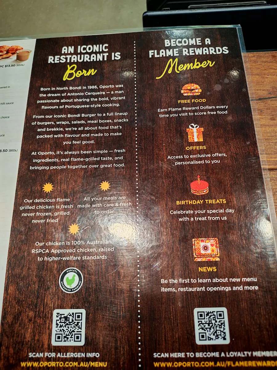 Menu, Oporto Belconnen DTR