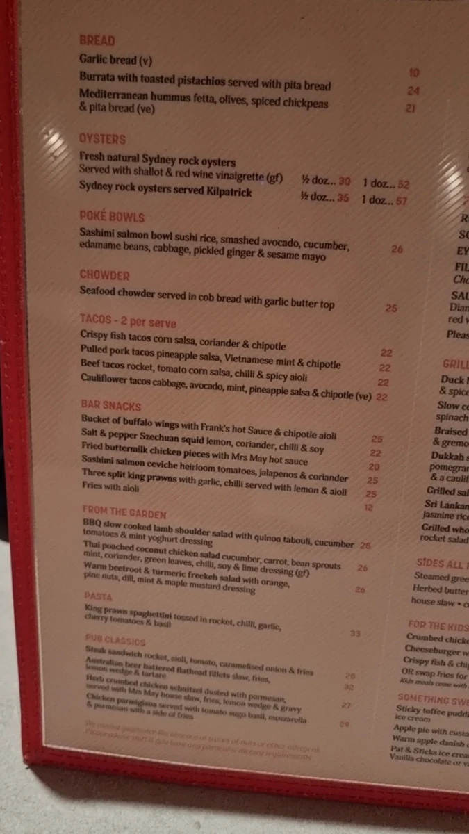 Menu, Taffy's Sports Bar