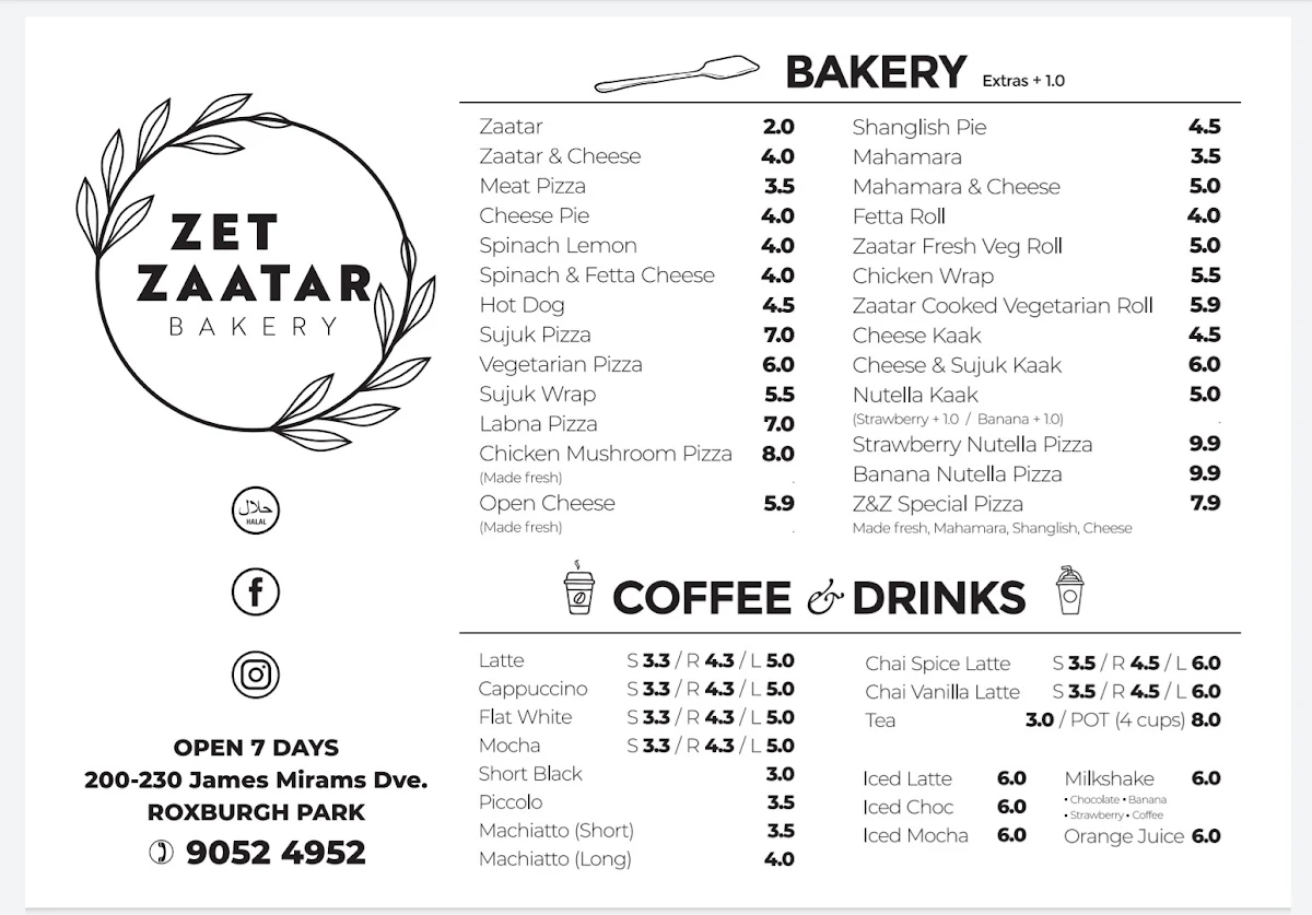 Menu, Zet & Zaatar Bakery - Greenvale Lakes