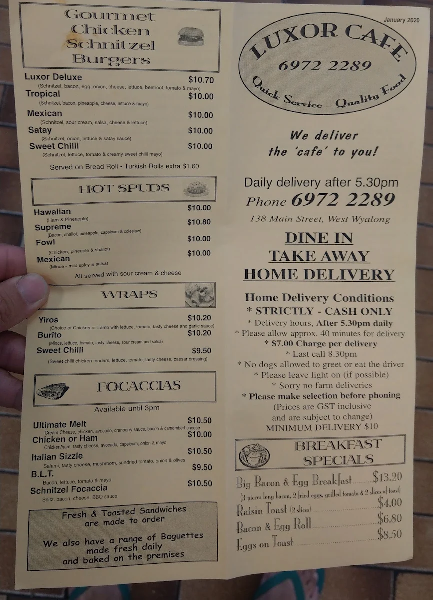 Menu, Luxor Cafe