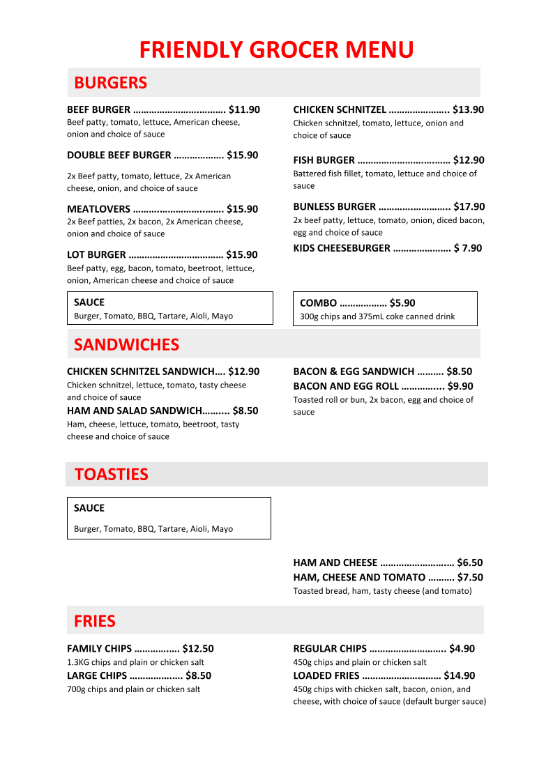 Menu, Friendly Grocer Deception Bay